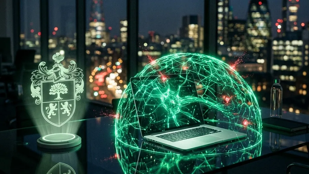 Escudo tradicional frente a una red neuronal de seguridad con IA protegiendo una oficina
