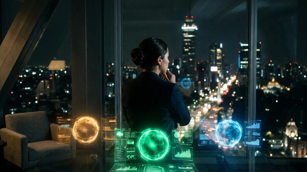 Empresaria evaluando tres asistentes de inteligencia artificial representados como hologramas