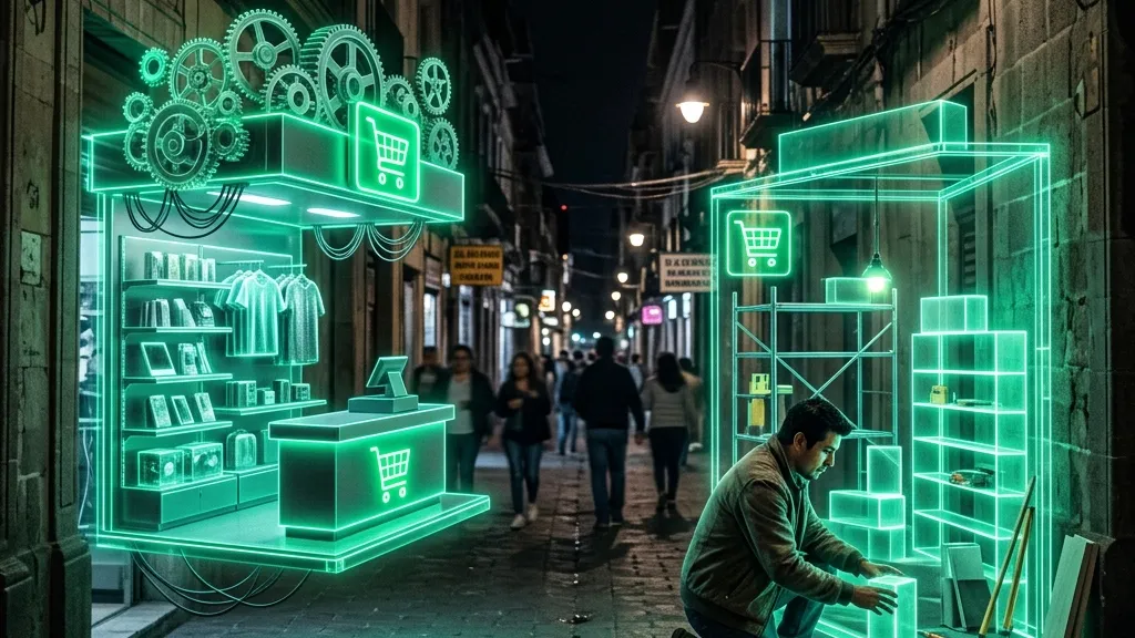 Dos escaparates digitales enfrentados representando Shopify y WooCommerce para vender en México