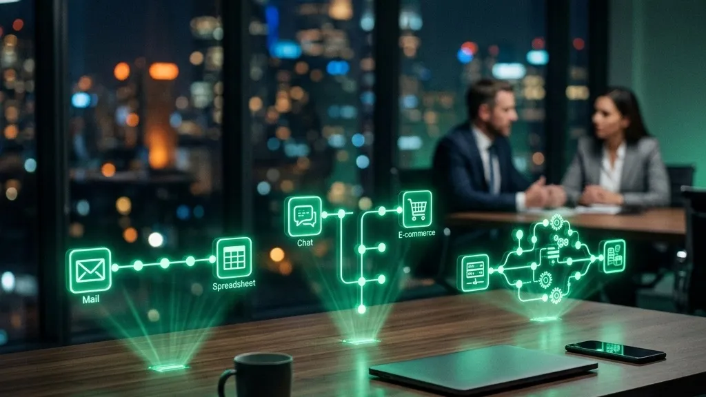 Tres flujos de automatización holográficos conectando aplicaciones de negocio sin código