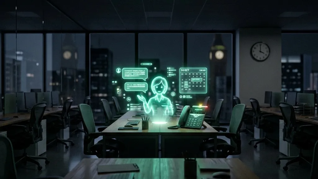 Agente de IA holográfico atendiendo conversaciones de clientes durante la noche en una oficina vacía