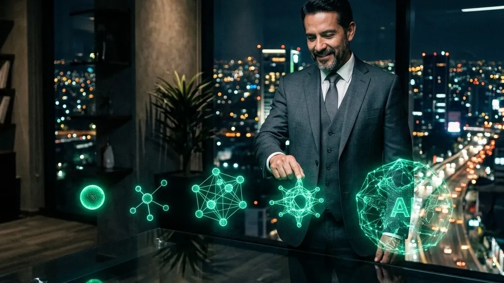 Empresario eligiendo entre varias herramientas de IA holográficas de distintos tamaños