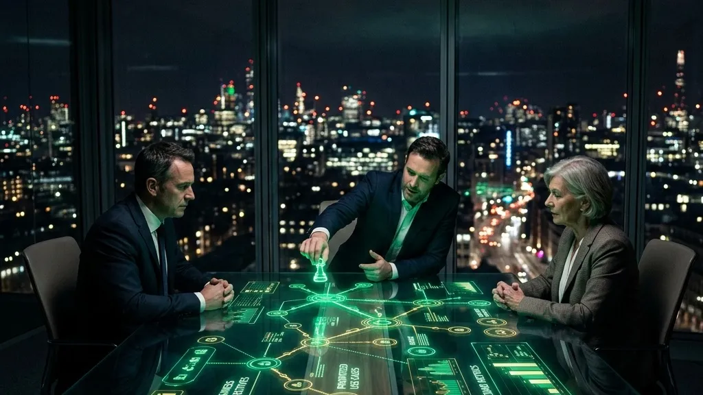 Directivos trazando una estrategia de IA sobre una mesa con mapa holográfico de objetivos