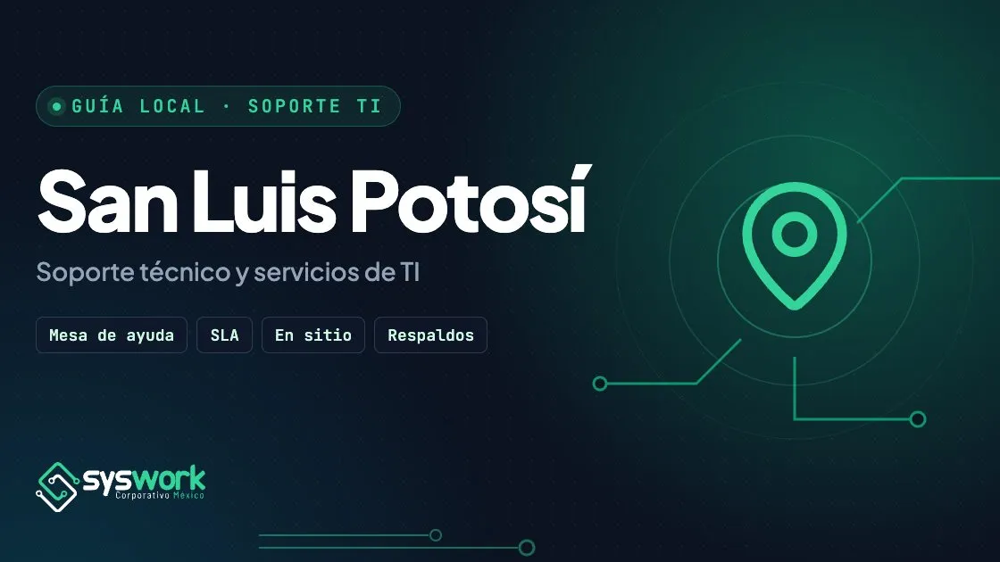 Ilustración de la guía para elegir soporte técnico y servicios de TI en San Luis Potosí, con pin de ubicación y trazos de circuito en verde esmeralda