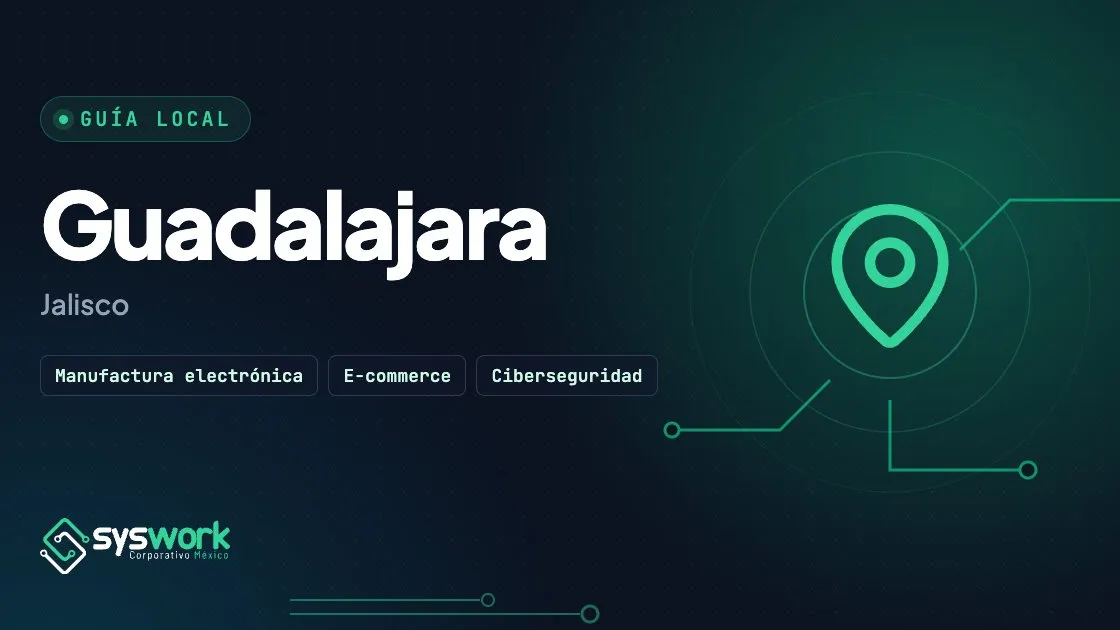 Ilustración de la guía de tecnología para empresas en Guadalajara, con pin de ubicación y trazos de circuito en verde esmeralda