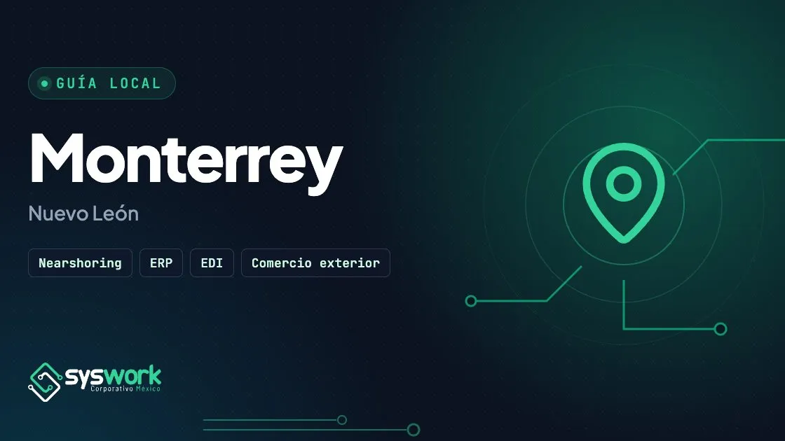 Ilustración de la guía de tecnología para empresas en Monterrey, con pin de ubicación y trazos de circuito en verde esmeralda