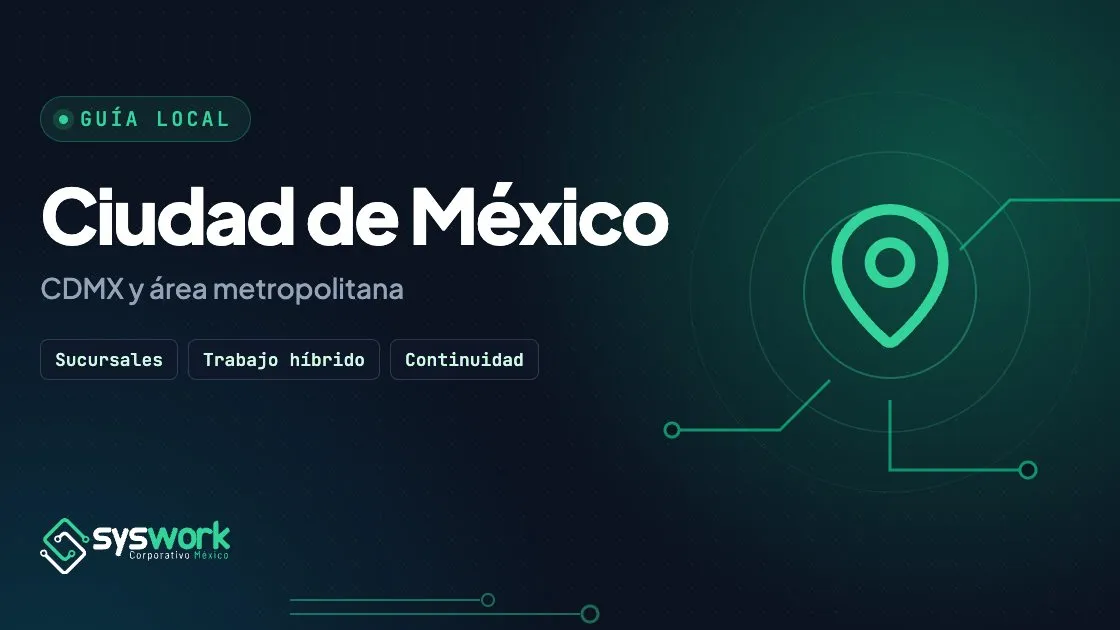 Ilustración de la guía de TI para empresas en la Ciudad de México, con pin de ubicación y trazos de circuito en verde esmeralda