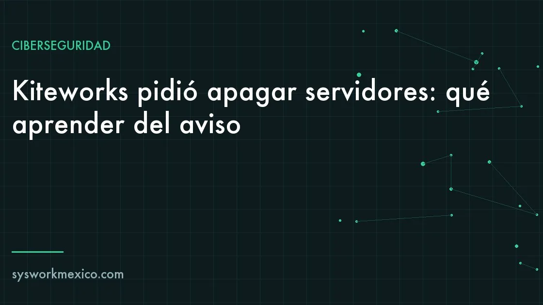 Servidores apagados en un rack con una consola que muestra un aviso de mantenimiento preventivo