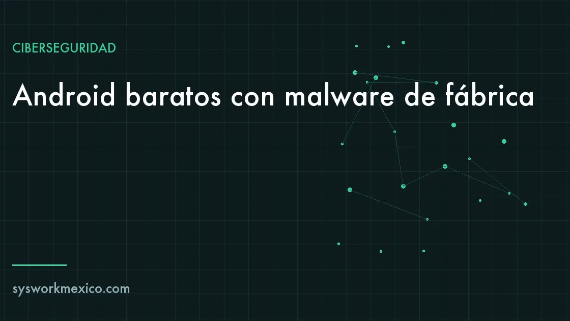 Varios celulares Android económicos sobre un escritorio de oficina, uno con la pantalla mostrando una alerta de seguridad