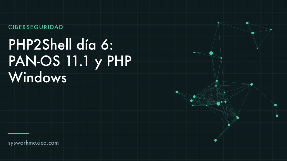 Técnico revisando en una laptop la versión de software de un firewall montado en rack, junto a un servidor Windows con una consola de PHP abierta
