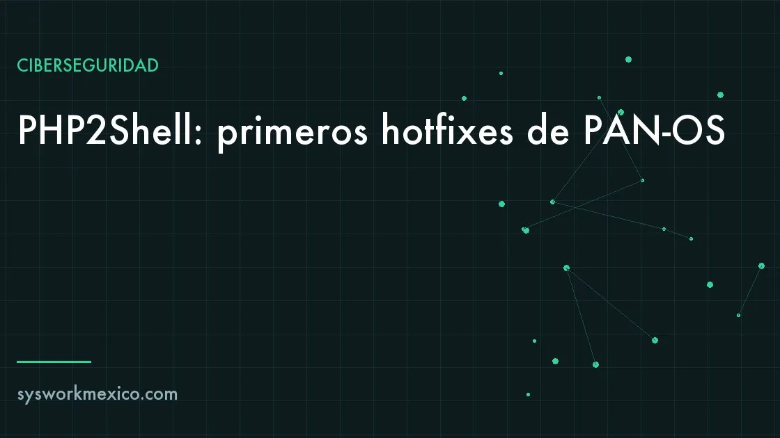 Firewall en un rack con una etiqueta de actualización aplicada junto a un archivo de configuración de PHP abierto en una laptop