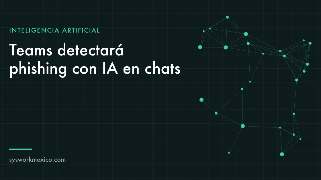 Pantalla de una laptop con un chat de Teams de un contacto externo y un aviso de advertencia de posible phishing, en un escritorio de oficina