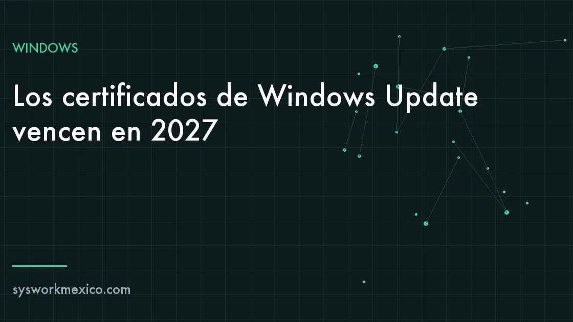Pantalla de Windows Update con un candado y un calendario marcando mayo y junio de 2027