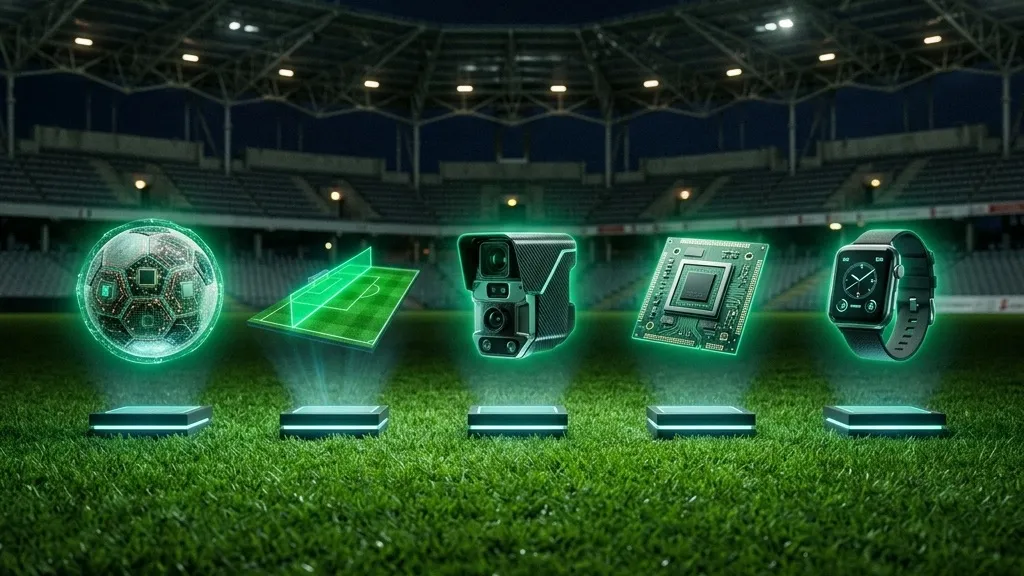 Colección de tecnologías del futbol moderno: balón conectado, línea semiautomática y sensores en cancha