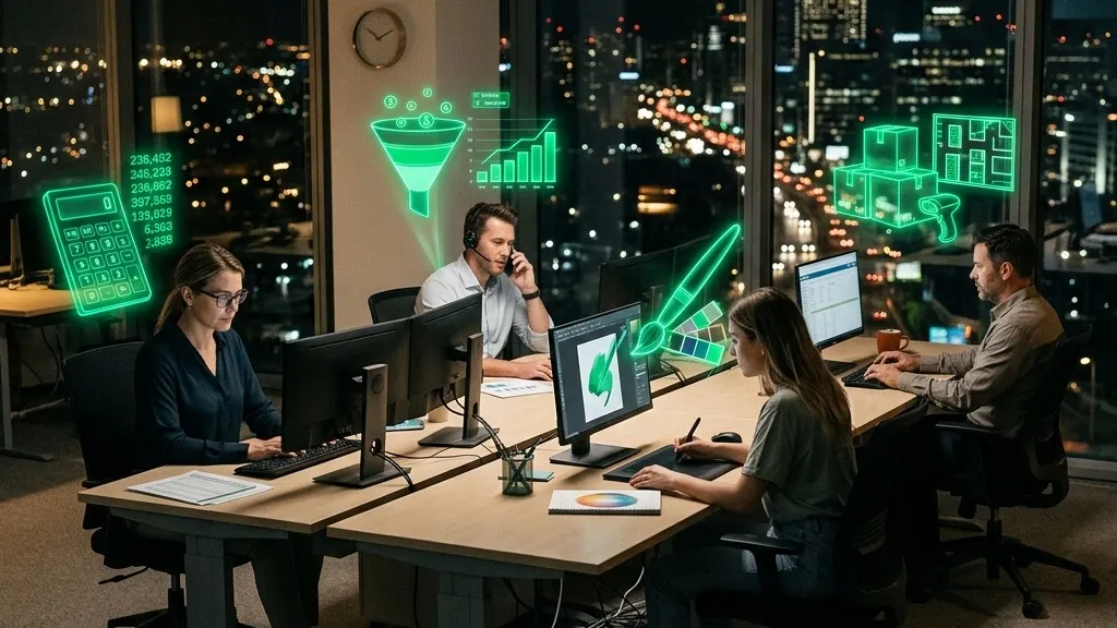 Empleados de distintas áreas trabajando cada uno con su asistente de IA personal holográfico