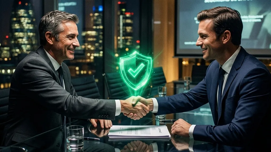 Apretón de manos de negocios cerrado gracias a un sello de empresa segura brillando sobre el contrato