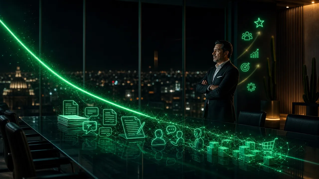 Gráfica descendente de costos de inteligencia artificial proyectada sobre una mesa de juntas en una oficina nocturna