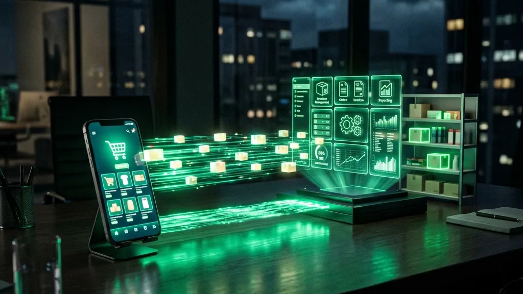 Puente de datos conectando una tienda en línea con el sistema ERP y el almacén de una empresa
