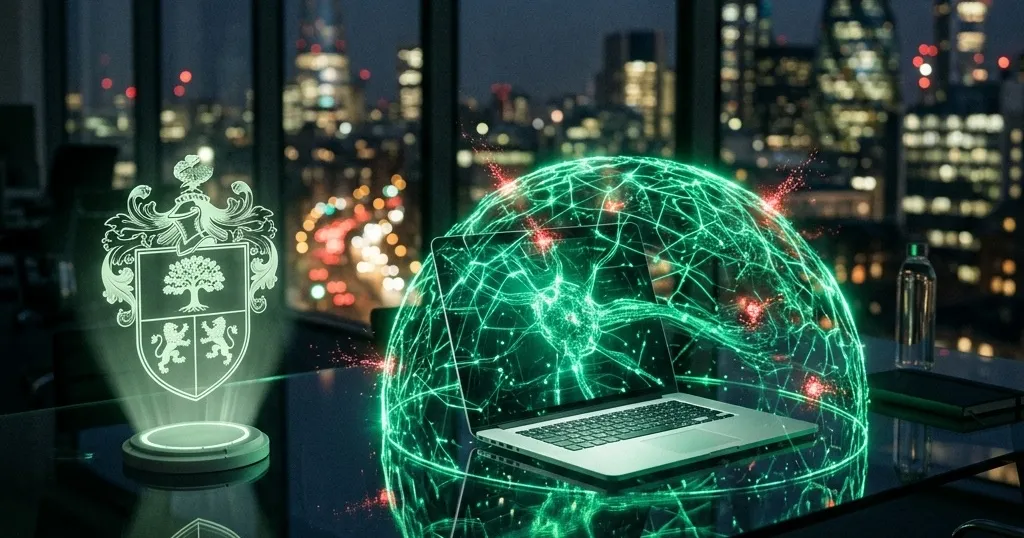 Escudo tradicional frente a una red neuronal de seguridad con IA protegiendo una oficina