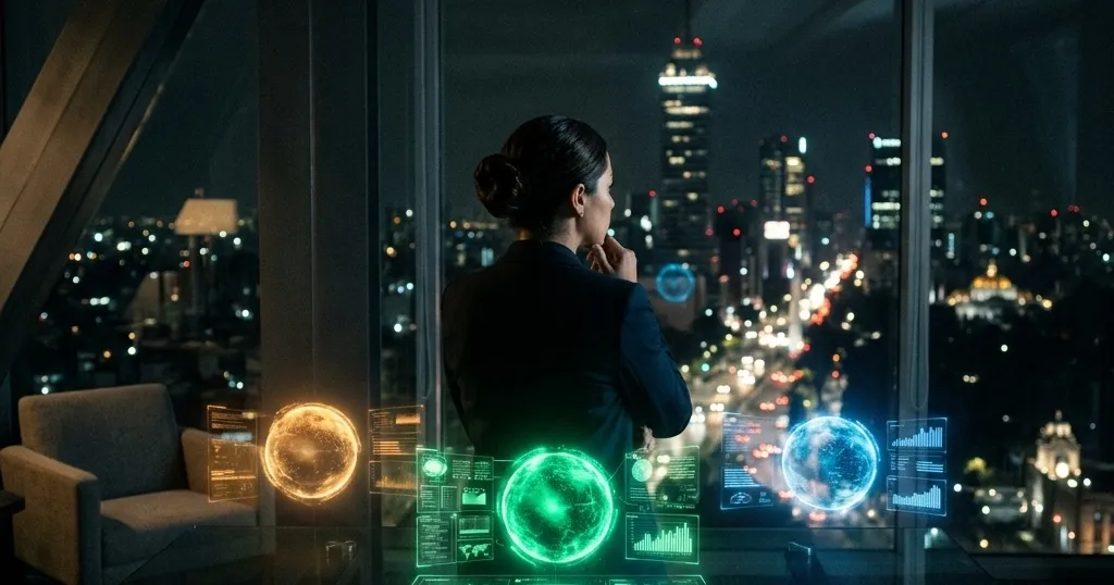 Empresaria evaluando tres asistentes de inteligencia artificial representados como hologramas