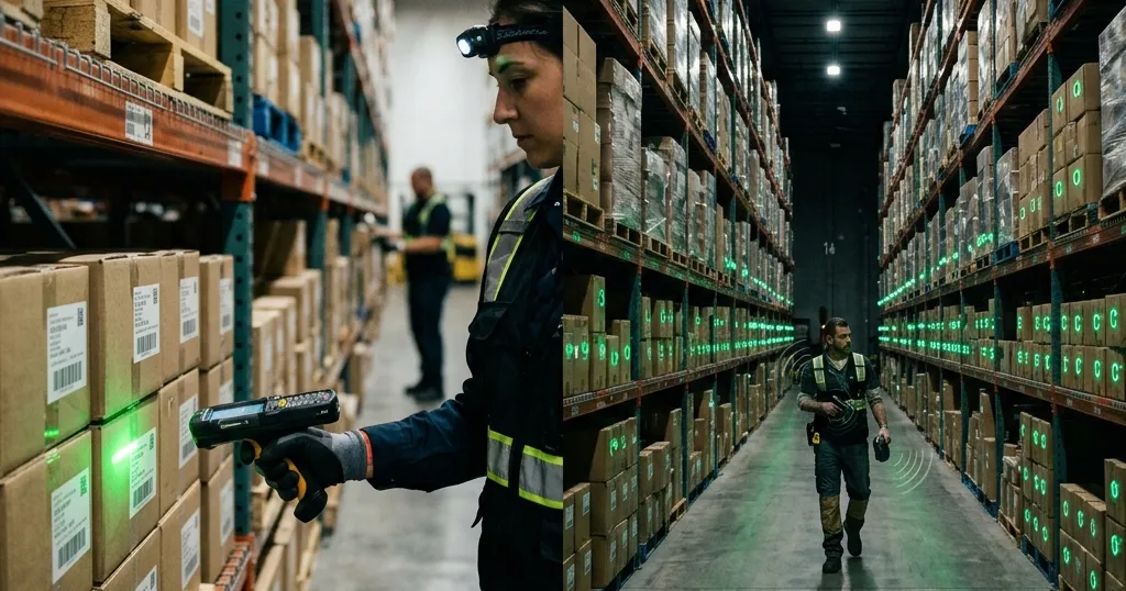 Etiqueta de código de barras frente a etiqueta RFID leyéndose a distancia en un almacén