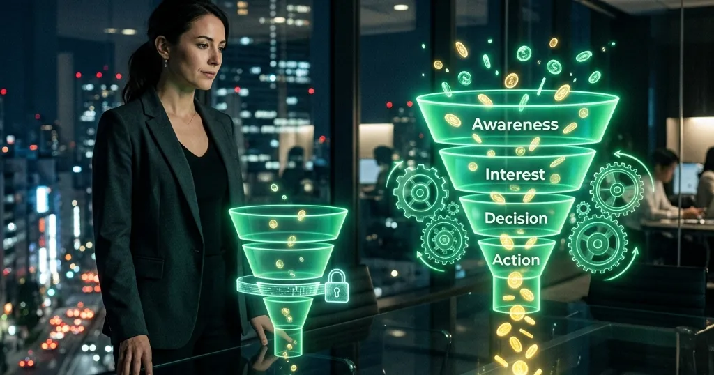 Embudo de ventas holográfico comparando un plan gratuito limitado con uno de paga completo