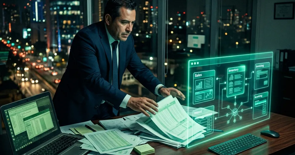 Hojas de cálculo desordenadas transformándose en un sistema ERP unificado sobre un escritorio de oficina