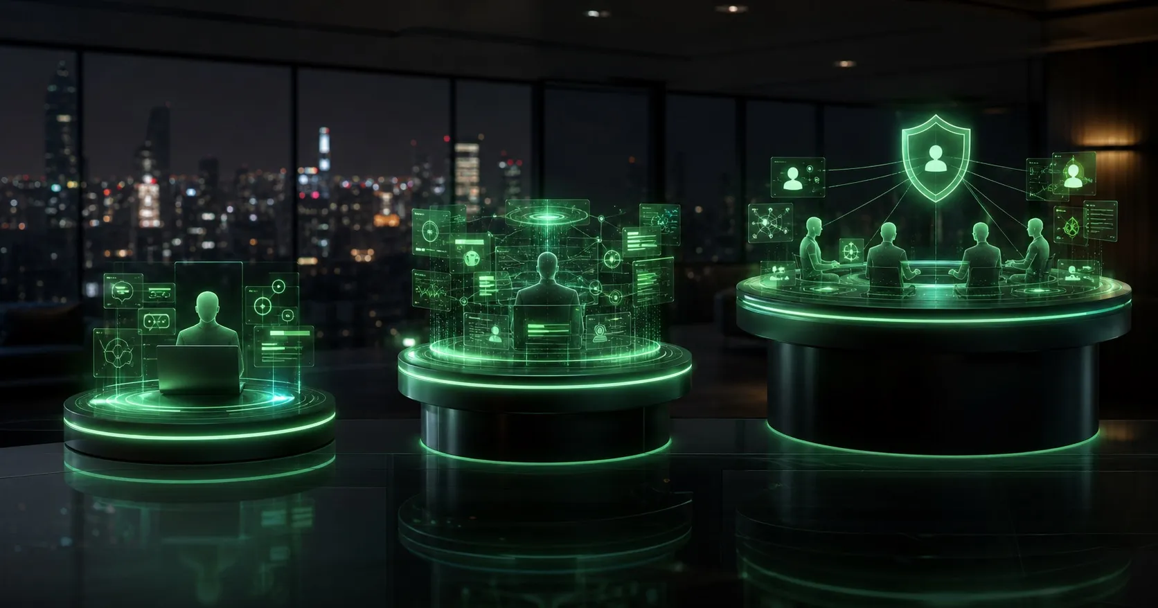 Tres planes de suscripción representados como niveles holográficos ascendentes sobre un escritorio corporativo nocturno
