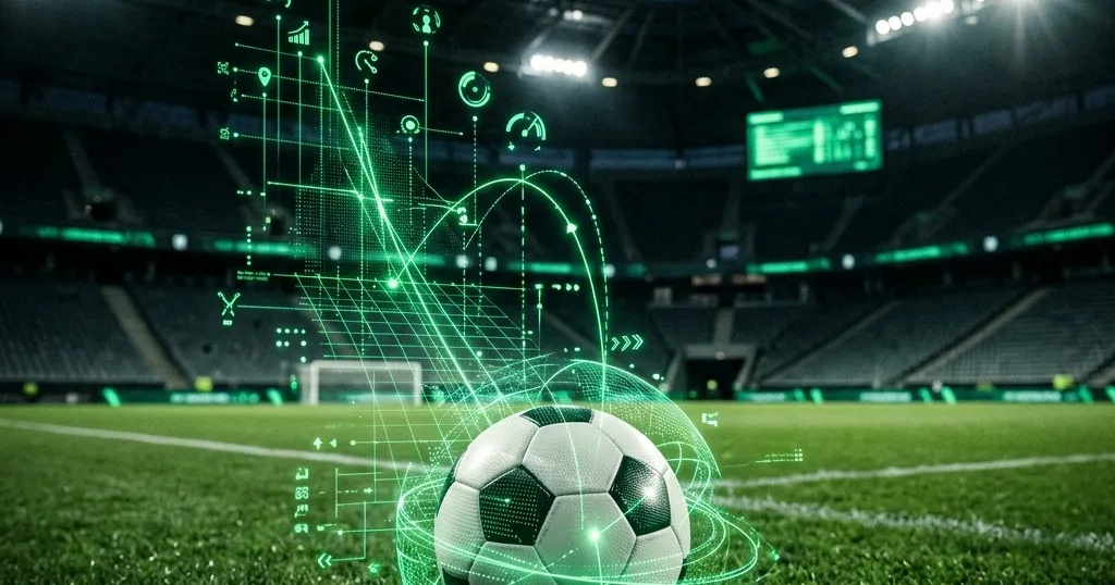 Balón de futbol conectado con datos holográficos sobre un estadio nocturno de alta tecnología
