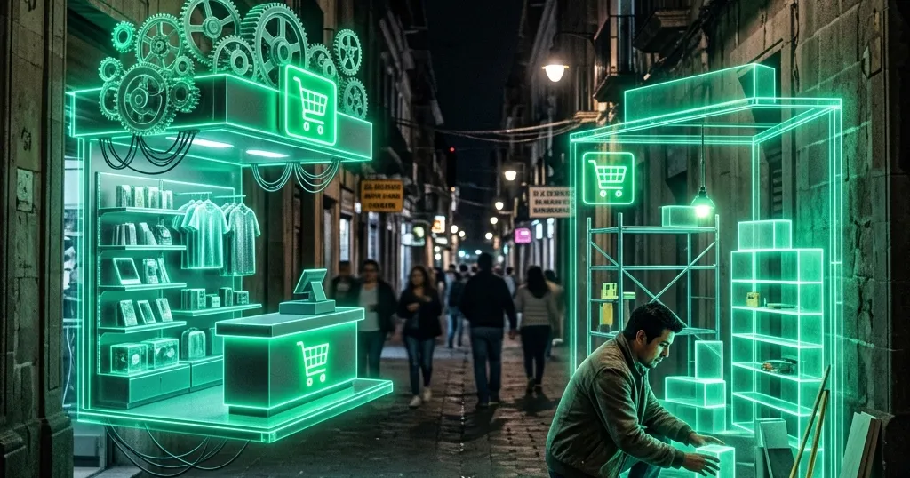 Dos escaparates digitales enfrentados representando Shopify y WooCommerce para vender en México