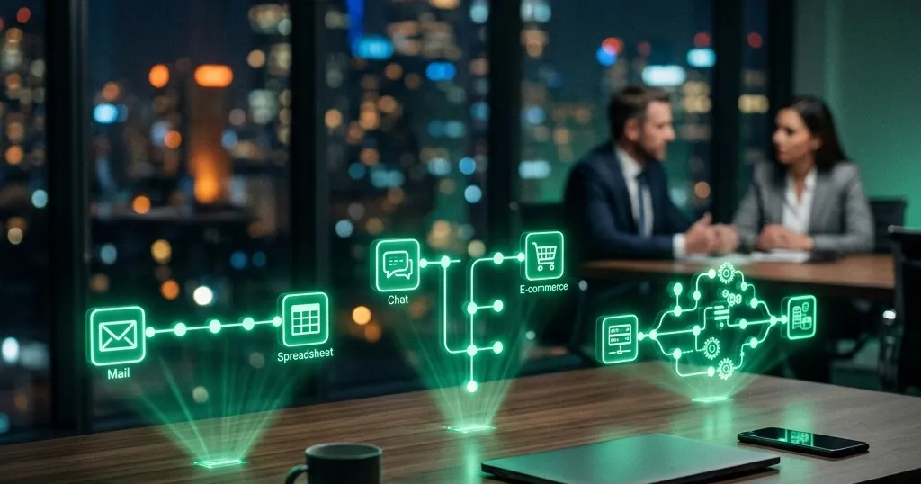 Tres flujos de automatización holográficos conectando aplicaciones de negocio sin código