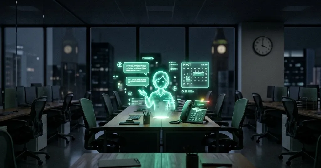 Agente de IA holográfico atendiendo conversaciones de clientes durante la noche en una oficina vacía
