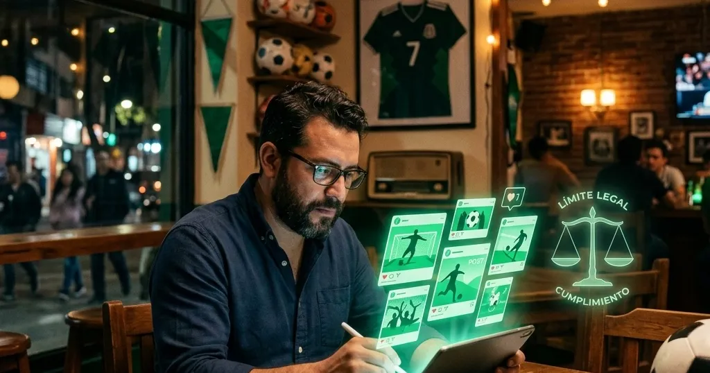 Dueño de negocio planeando una campaña de futbol en su tienda con elementos digitales y una balanza legal