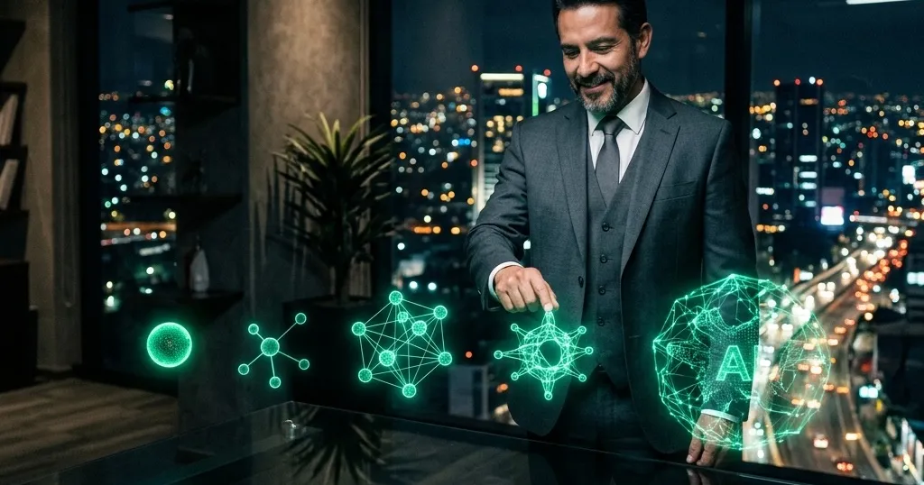 Empresario eligiendo entre varias herramientas de IA holográficas de distintos tamaños