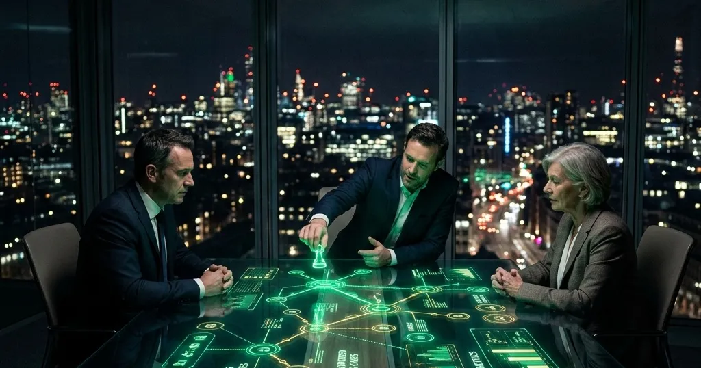 Directivos trazando una estrategia de IA sobre una mesa con mapa holográfico de objetivos