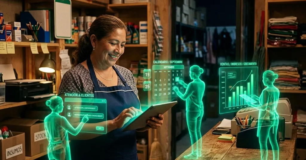Dueña de una pequeña empresa automatizando su negocio con IA desde una tableta, sin equipo técnico