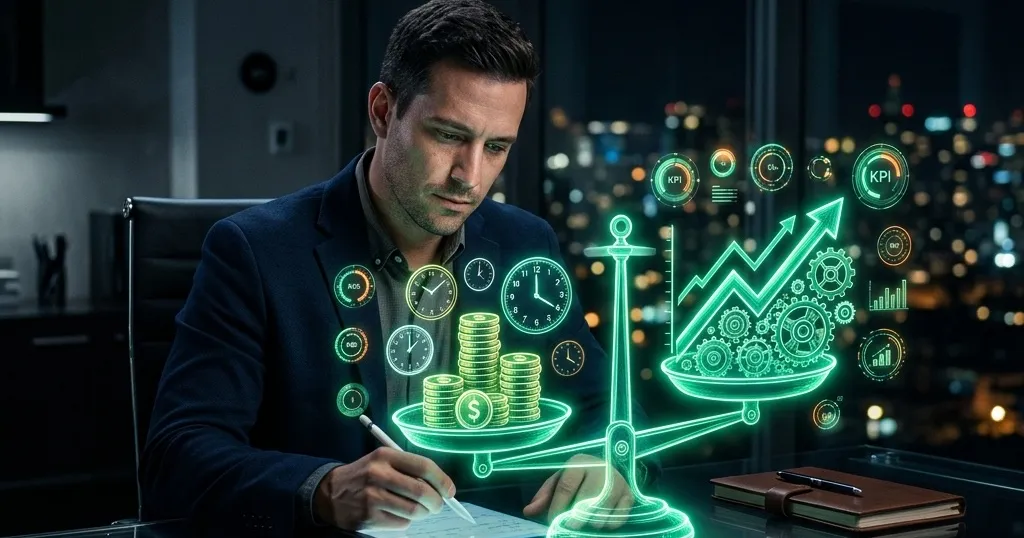 Balanza holográfica comparando el costo de la IA contra las ganancias medidas en una oficina