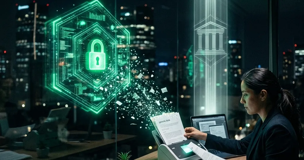 Expedientes de clientes protegidos por una bóveda de luz que representa la ley mexicana de datos personales