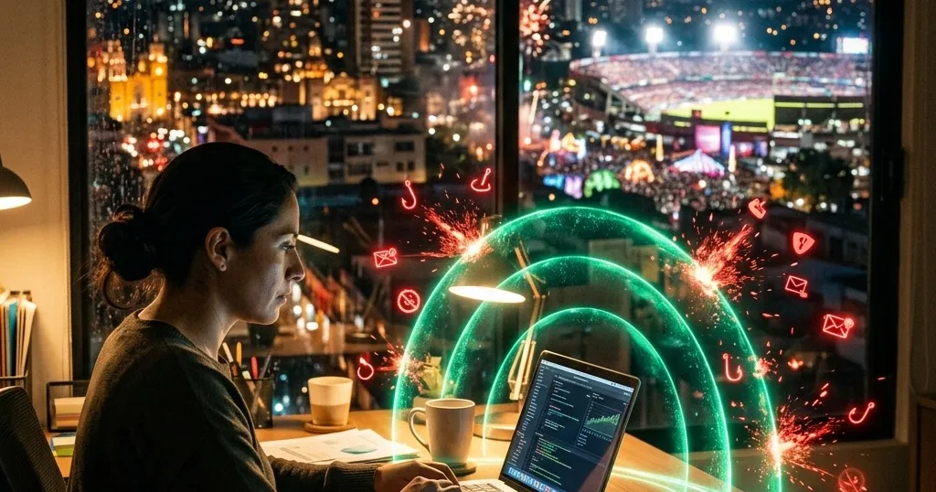 Negocio protegido por capas de defensa digital mientras la ciudad celebra un gran evento deportivo