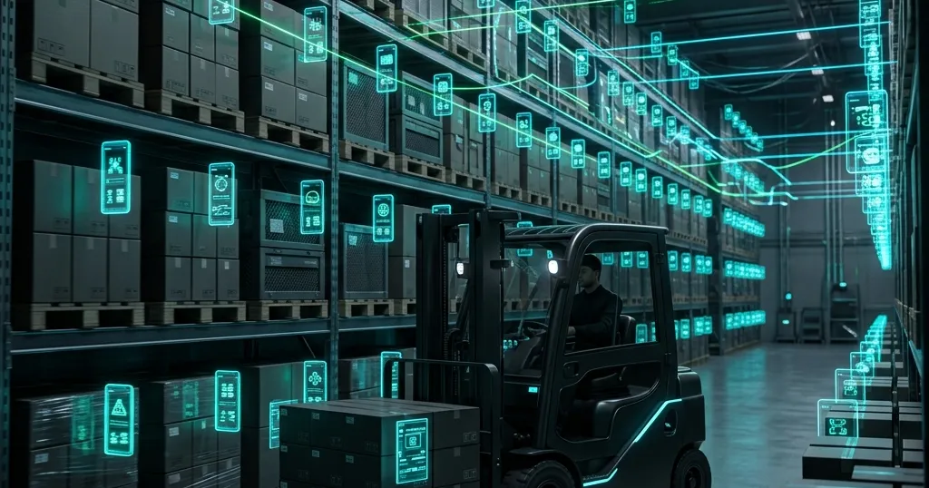 Ilustración conceptual de la tecnología RFID transformando un almacén