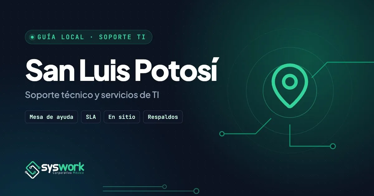 Ilustración de la guía para elegir soporte técnico y servicios de TI en San Luis Potosí, con pin de ubicación y trazos de circuito en verde esmeralda