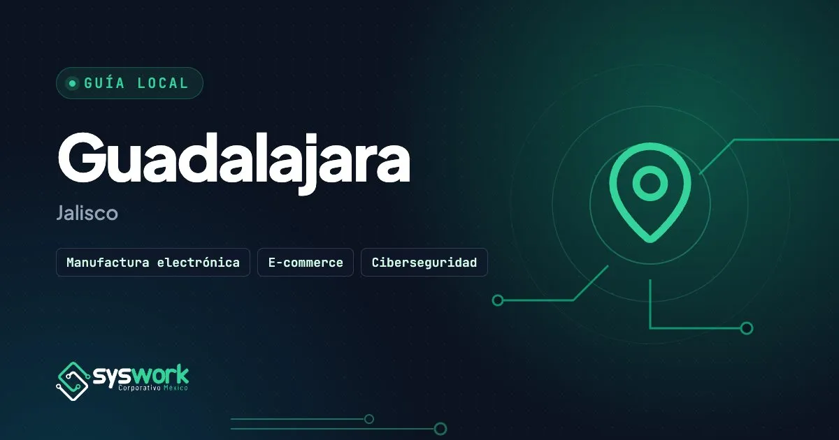 Ilustración de la guía de tecnología para empresas en Guadalajara, con pin de ubicación y trazos de circuito en verde esmeralda