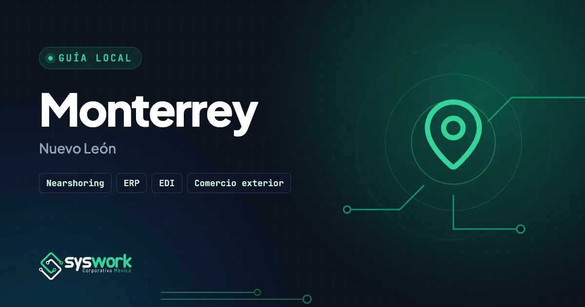 Ilustración de la guía de tecnología para empresas en Monterrey, con pin de ubicación y trazos de circuito en verde esmeralda