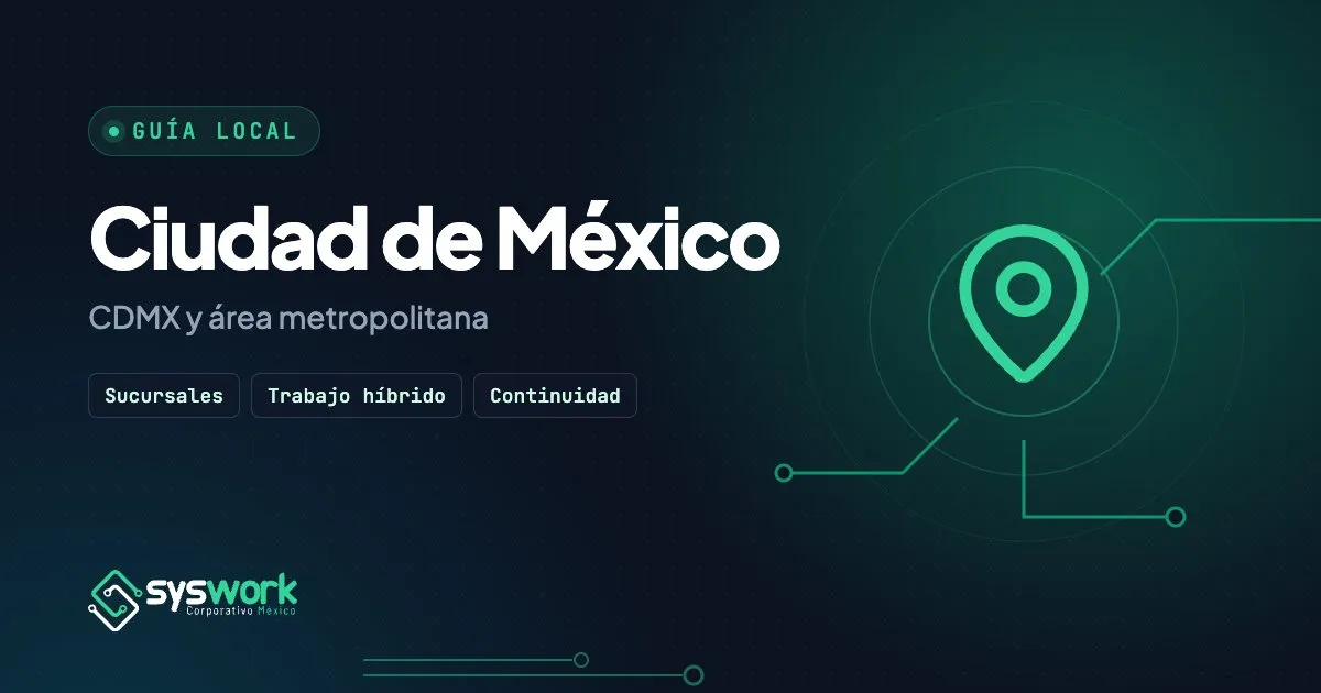 Ilustración de la guía de TI para empresas en la Ciudad de México, con pin de ubicación y trazos de circuito en verde esmeralda