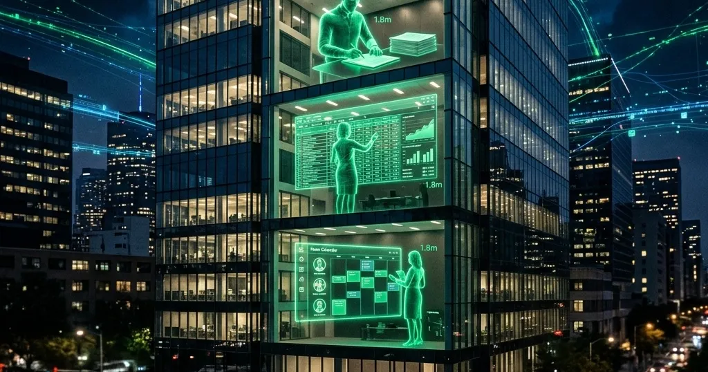 Tres agentes de inteligencia artificial ejecutando trabajo de oficina real sobre una ciudad tecnológica