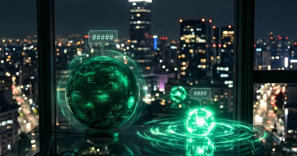 Dos orbes de inteligencia artificial enfrentados, uno más grande y otro más brillante y compacto, sobre un escritorio corporativo nocturno