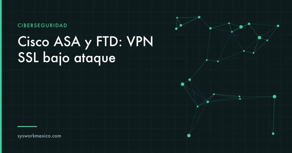 Firewall en un rack de oficina con luces de estado en rojo y un portátil mostrando una conexión VPN caída