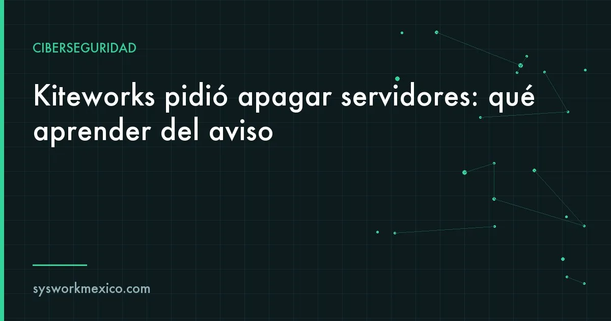 Servidores apagados en un rack con una consola que muestra un aviso de mantenimiento preventivo