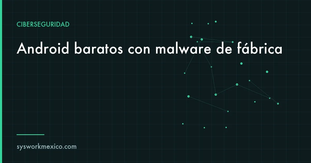 Varios celulares Android económicos sobre un escritorio de oficina, uno con la pantalla mostrando una alerta de seguridad