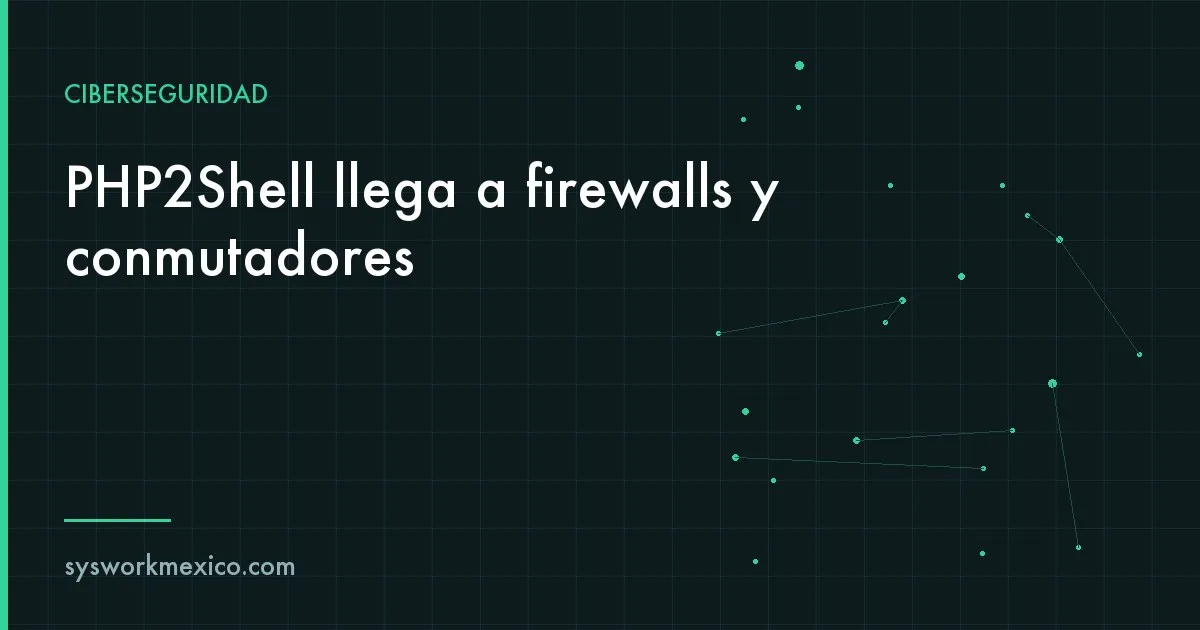 Rack con firewall, conmutador telefónico y NAS marcados con una alerta roja de código PHP vulnerable